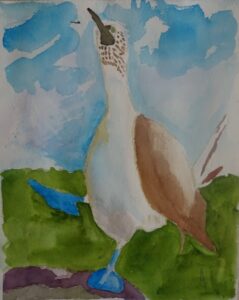 A painting of a bird standing on some grass