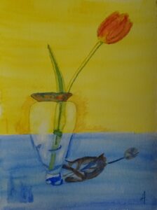 A painting of a flower in a vase