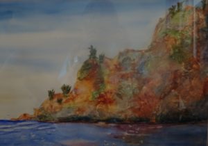 A painting of the ocean and cliffs