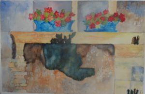 A painting of flowers in blue vases on the ledge.