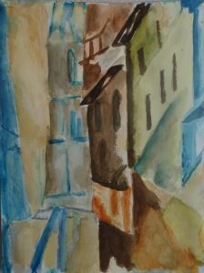 A painting of buildings and street lights in the city.