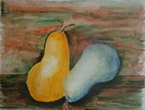 A painting of two pears on a table.