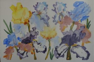 A painting of flowers in various colors and sizes.