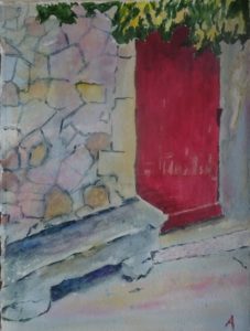 A painting of a red door and stone wall