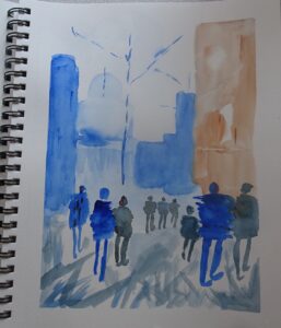 A painting of people walking in the street