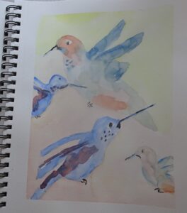 A painting of birds flying in the sky