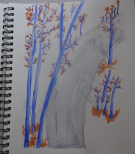 A drawing of trees with blue trunks and orange leaves.