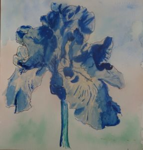 A painting of a blue flower with green leaves.