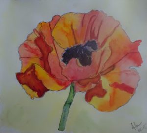 A painting of a red and yellow flower