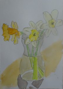 A painting of yellow flowers in a vase.