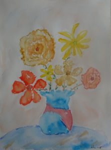 A painting of flowers in a blue vase.