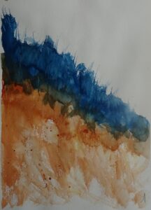 A painting of an orange and blue sky