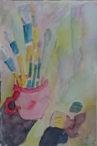 A painting of paintbrushes in a pink vase.