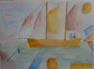 A painting of a boat in the water