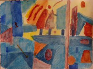 A painting of an abstract scene with blue and red colors.