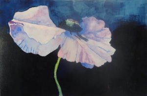 A painting of a flower with blue background