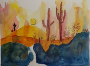 A painting of desert with cactus and sun