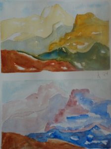 Two paintings of mountains and a sky