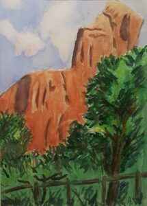 A painting of trees and mountains in the background