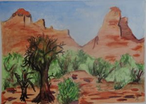 A painting of a desert landscape with mountains in the background.