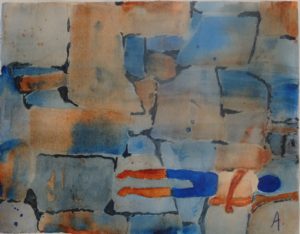 A painting of blue and brown squares on paper