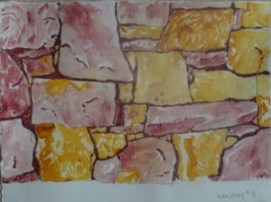 A painting of a stone wall with yellow and pink rocks.