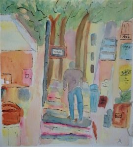 A painting of a man standing on the sidewalk