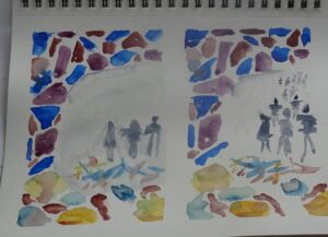 A painting of people walking in the water