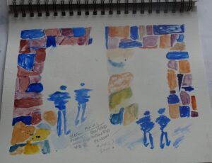 A drawing of people walking in the street.