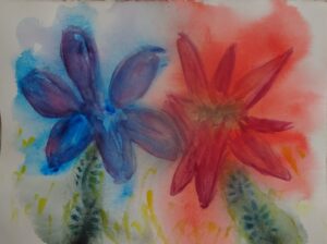 A painting of two flowers in blue and red.