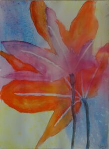 A painting of an orange and pink flower