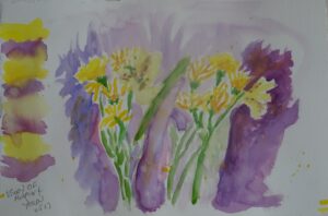 A painting of yellow flowers in front of purple background.