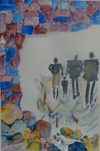 A painting of people and a child