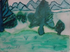 A painting of trees and mountains in the distance.