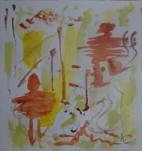 A painting of yellow and brown paint on paper.