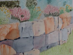 A painting of a stone wall with flowers in the background.