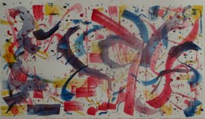 A painting of red, blue and yellow paint splashing.