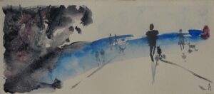 A painting of people walking on the beach