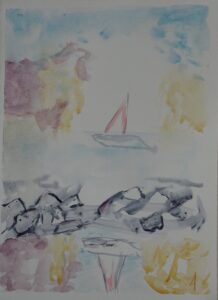 A painting of a boat in the water