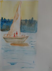 A painting of two people on a boat