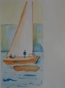 A painting of two people on a boat