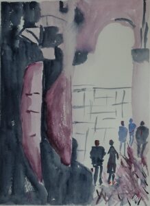 A painting of people walking in the street