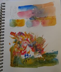 A sketchbook with some paintings of trees and bushes