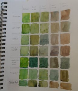 A page of green and brown colors in a notebook.