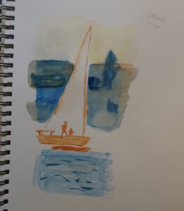 A painting of a boat and two people on it.