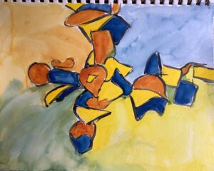 A painting of yellow and blue shapes on paper.