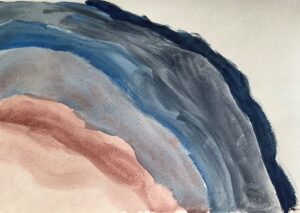 A painting of a blue and pink wave