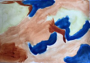 A painting of blue and brown camouflage on paper.