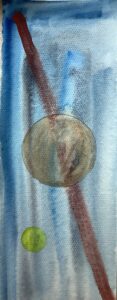 A painting of a brown ball on top of a blue and white background.