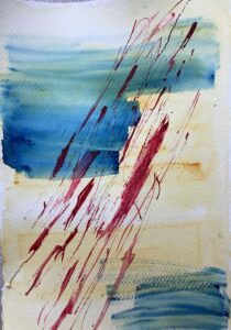 A painting of red and blue paint splashing across the paper.